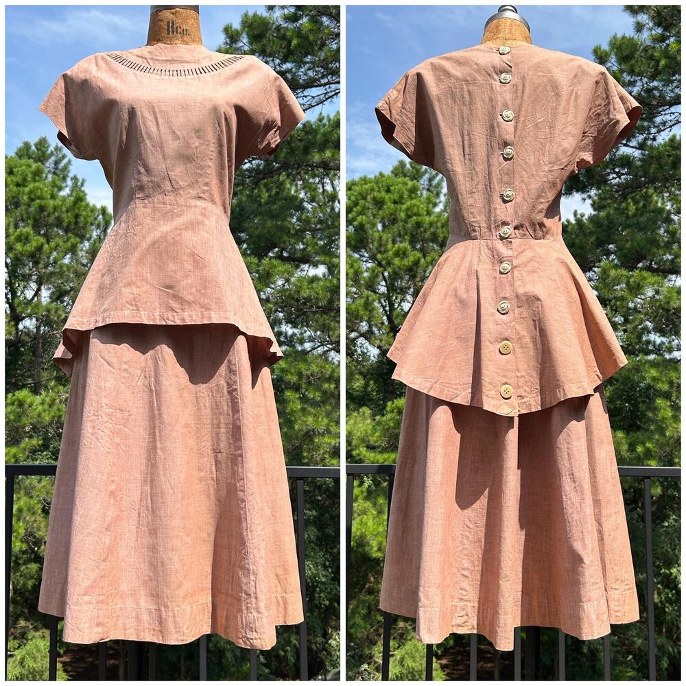 RARE! Vintage 30s Red Chambray Selvedge Cutout Peplum Train Top + Skirt 2pc Set